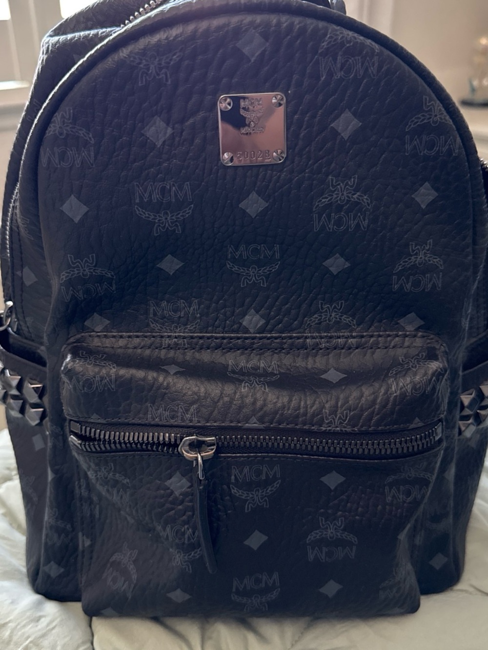 MCM Black Logo-Print Leather Backpack with Stud Accents - Picture 1 of 8